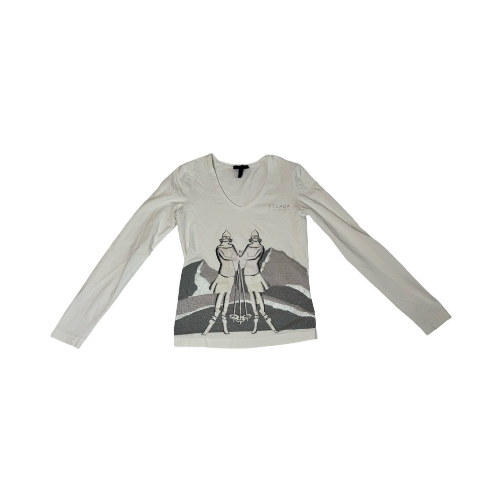 Escada Sport White Ski Graphic V-Neck Long Sleeve Top Glitter Accents XS Greece - Picture 2 of 7